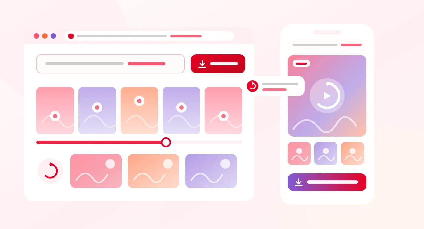A Pinterest GIF link pasted into the online downloader while an animation frame strip loops beside a phone saving the finished GIF