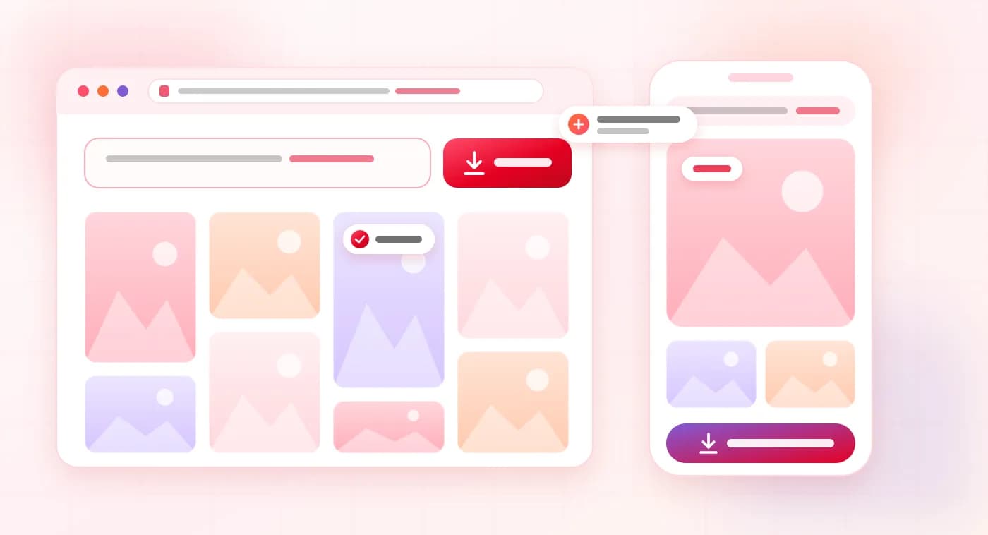 A copied pin link pasted into the online Pinterest image downloader in a browser, with a grid of pin cards and a phone ready to save them