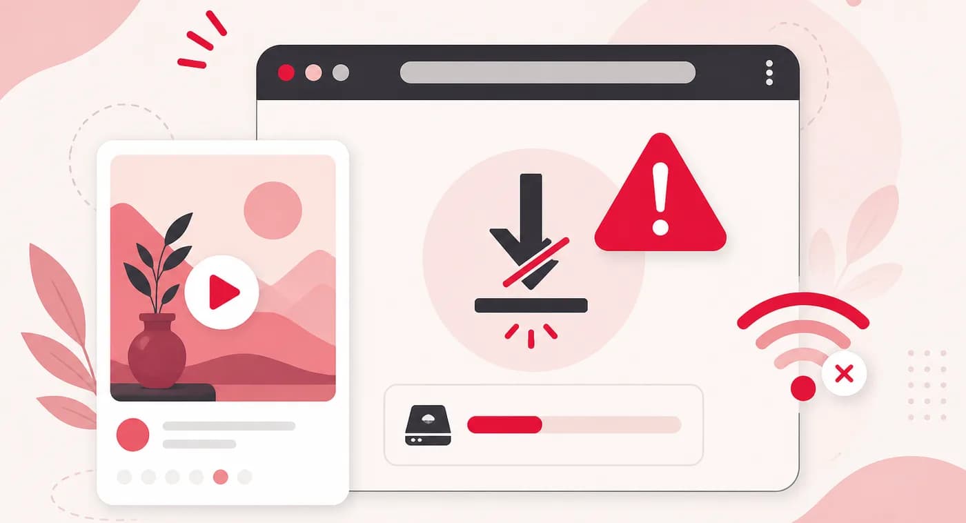 Pinterest video download issues shown as a failed download with warning, weak wifi and low storage