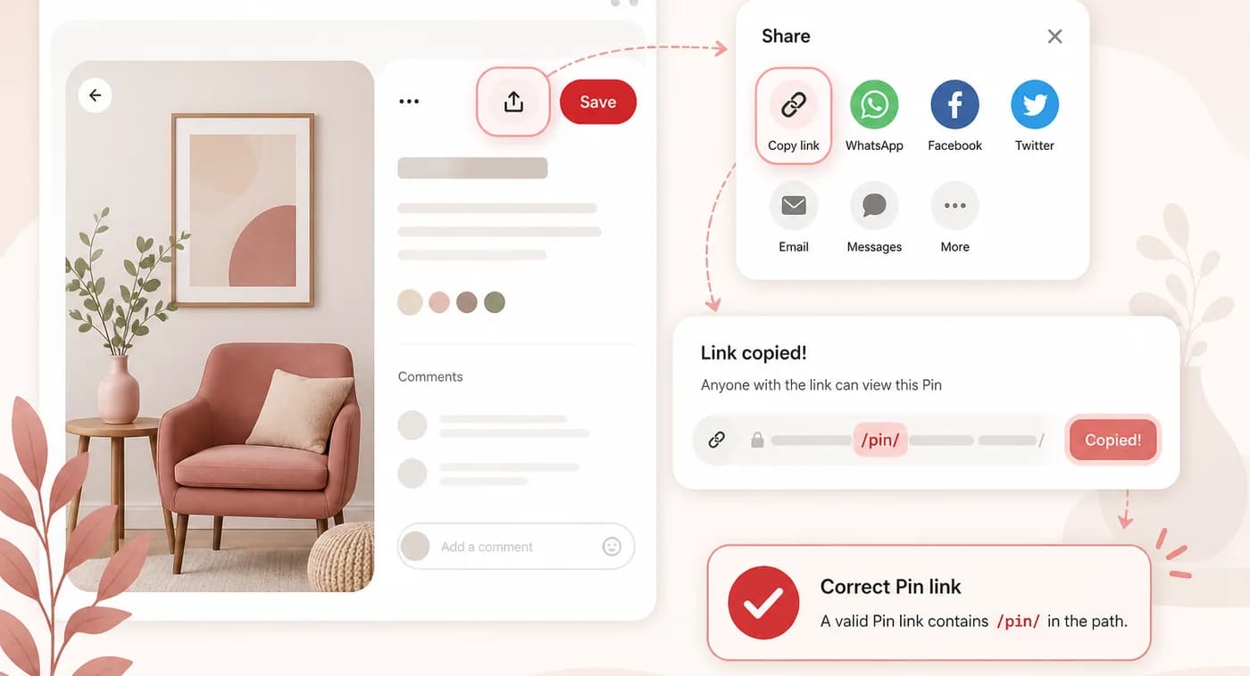 How to Copy Pinterest Pin Link How to copy the correct Pinterest pin link using Share and Copy link for downloading